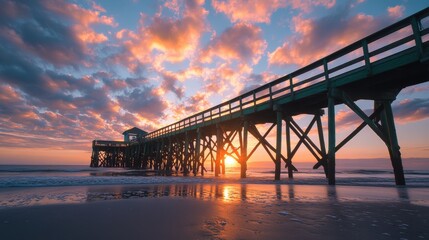 Fototapeta premium scenic sunset over a wooden pier with colorful clouds