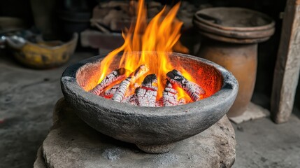 metal casting process with flames and glowing coals in rustic workshop setting showcasing craftsmanship and industrial artistry