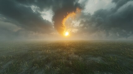 A tornado forming over a prairie at midday, with the sun hidden behind dark storm clouds