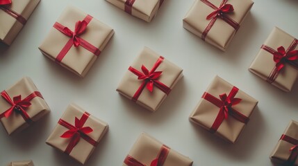 Christmas presents wrapped in kraft paper and decorated with red ribbons arranged neatly on a white surface for festive celebrations.