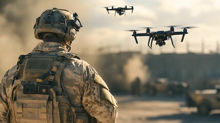 Soldier oversees drone operations during military exercise in desert environment