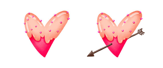 Set of heart with glaze and arrow. Cupid and amour, relationship st Valentine illustration on isolated background.  Sweet bakery hand drawn illustration
