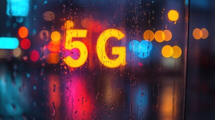 5G written on wet glass with blurred colorful lights in the background creating a modern technology concept in urban settings.