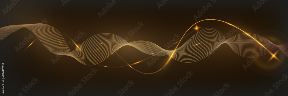 Poster Golden glowing wave lines on dark background with sparkling light effects, elegant abstract design for technology, luxury, or festive themes.