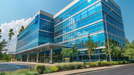 Fototapeta premium Modern glass office building with prominent blue logo, reflecting sky and clouds.