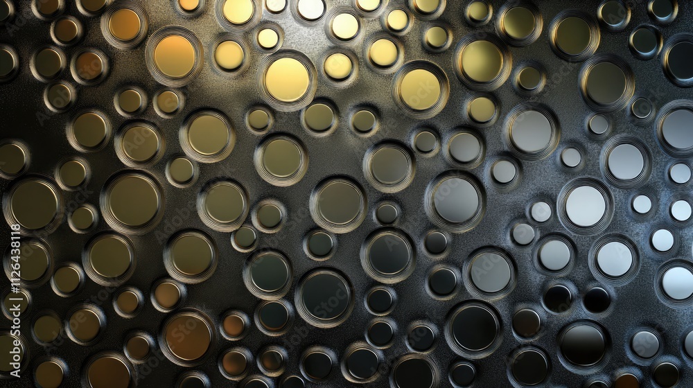 Poster textured metallic surface with circular indentations creating a modern abstract pattern in shades of