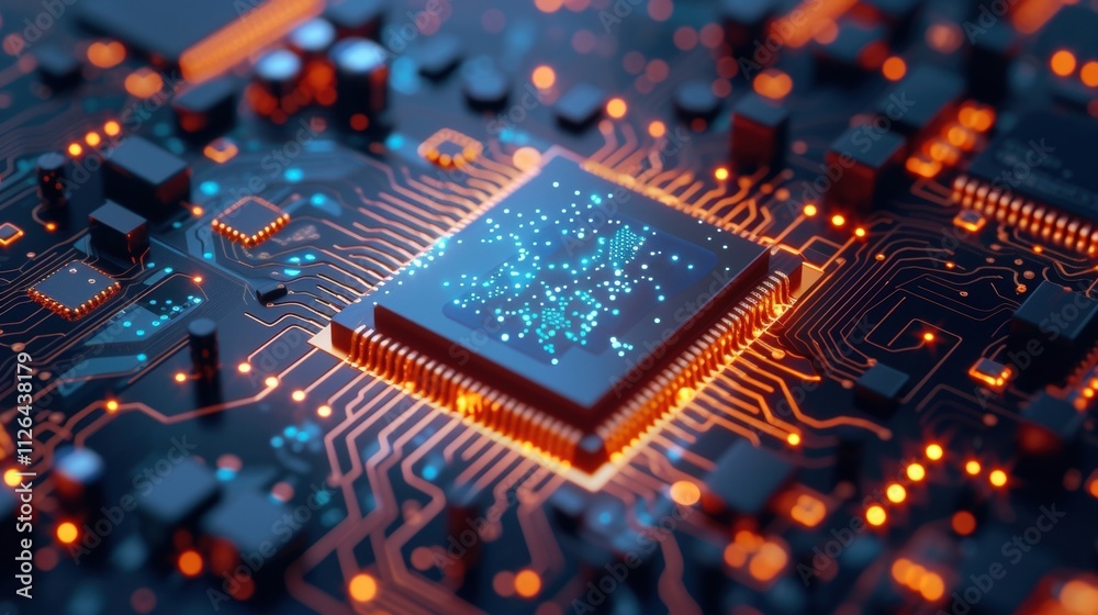 Aufkleber complex cpu processing data on a motherboard with an integrated circuit, creating an advanced techno