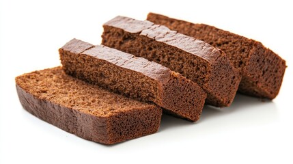 Sliced rye bread on a white background showcasing its texture and color perfect for culinary and healthy eating themes