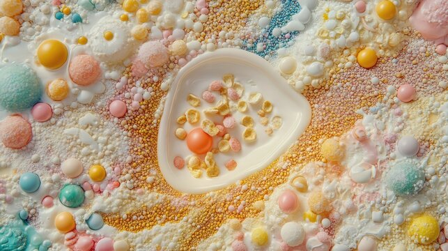 Colorful abstract image of processed cereals with vibrant bubbles and textures, featuring a central cluster of grains amidst a playful arrangement of pastel colors, food, abstract, patterns.