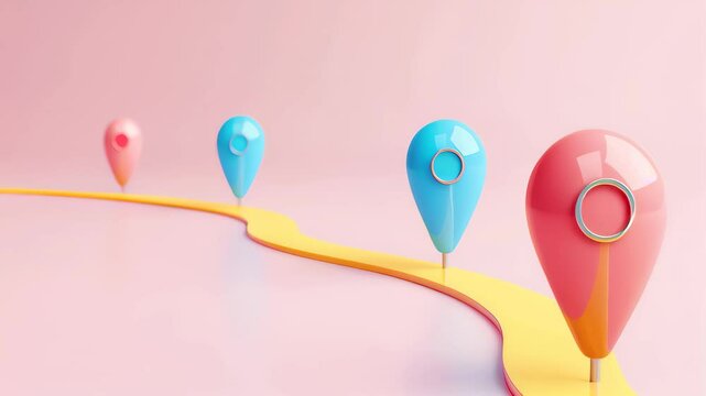 Abstract Colorful Route with 3D Location Pins on Yellow Path Representing Navigation, Mapping, and Travel Planning
