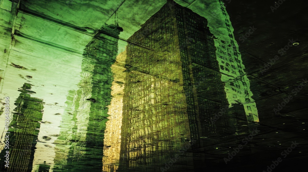 Poster modern abstract architecture with green reflections creating surreal visual effects on a building fa