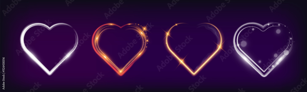 Poster Set of glowing heart shapes with sparkles and light effects on dark transparent background. Designs include fiery, golden, and neon elements suitable for romantic or festive themes.