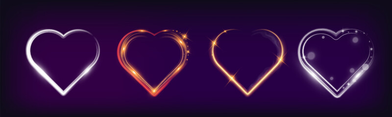 Set of glowing heart shapes with sparkles and light effects on dark transparent background. Designs include fiery, golden, and neon elements suitable for romantic or festive themes. © NAUM