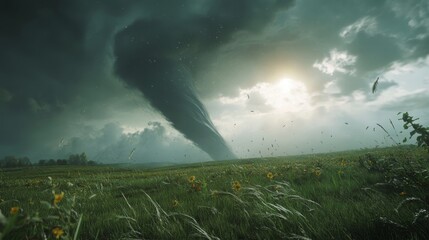 A tornado forming over a prairie at midday, with the sun trying to break through the dark storm clouds