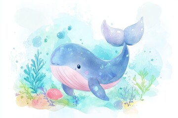 Whimsical Watercolor Whale in Vibrant Underwater World. Cute Nursery Art. Watercolor Nursery Illustration.