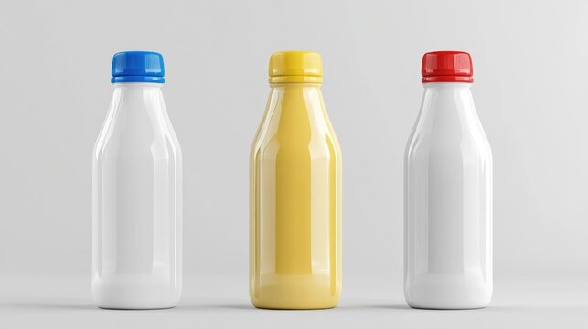 Plastic bottles of milk or yogurt in white with colorful caps blue yellow and red arranged on a clean background for beverage packaging design
