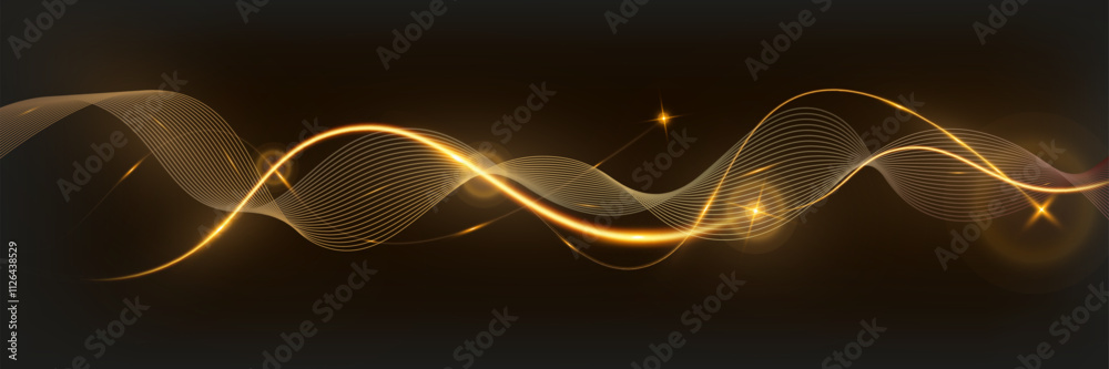 Poster golden glowing wave lines on dark background with sparkling light effects, elegant abstract design f