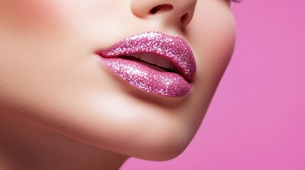 Fototapeta premium Glittery pink lipstick enhancing glamour with a close-up of luscious lips against a vibrant pink backdrop