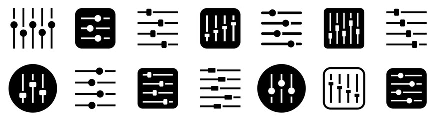 Settings sliders icons. Sound volume level icon. Control panel slide. Black filled and outlined style. Sound or music control pictogram. Vector illustration