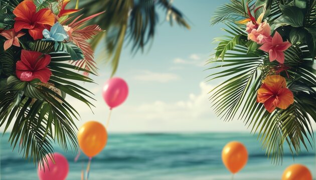 Tropical birthday celebration with colorful balloons and floral decorations