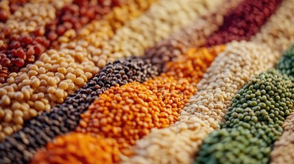 Colorful rows of various processed cereals and legumes arranged neatly, showcasing distinct textures and hues, food industry, healthy eating, agriculture, organic products.