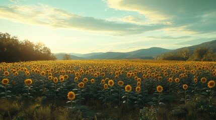 Fototapeta premium Vibrant sunflower field under a golden sky showcasing nature's beauty and serenity in a picturesque landscape during sunset.