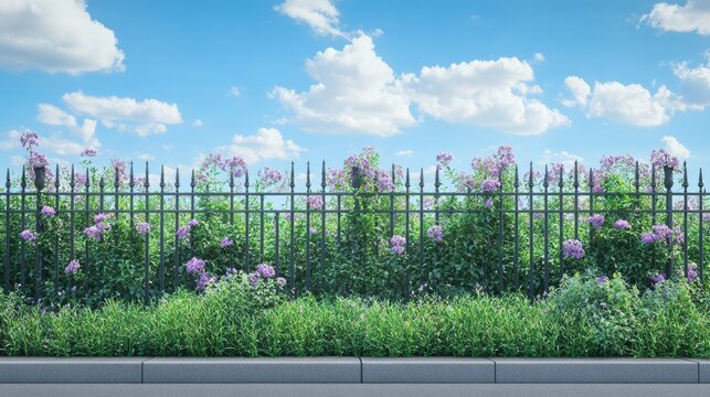 Vibrant shrubs and colorful flowers flourishing along a wrought iron fence in a serene city park under a bright blue sky