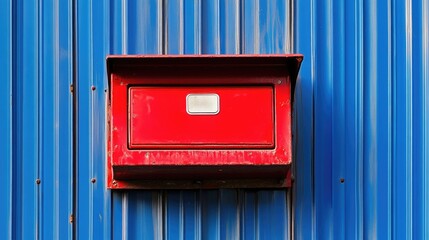 Red postbox mounted on a blue corrugated metal wall, featuring a rectangular design and visible weathering, ideal for themes of communication, nostalgia, or urban life.