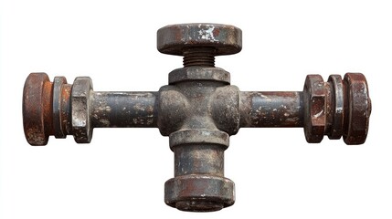 Industrial plumbing pipe fitting for water drainage in construction and engineering applications showcasing aged metal components.