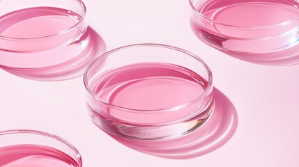 Cosmetic research with pink serum in petri dishes on light background showcasing innovation and laboratory concepts for beauty products