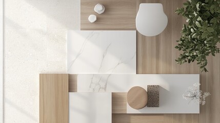 Mood board showcasing material samples for interior design featuring travertine, marble, quartz, and various wood floorings in a modern setting.
