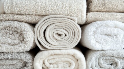 Stacked rolled towels in neutral tones organized for spa or wellness center settings enhancing relaxation and comfort in serene environments
