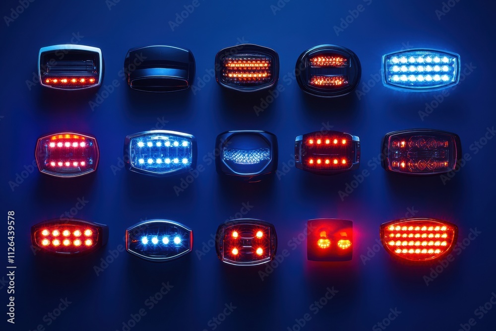 Aufkleber Various LED car headlights and tail lights are artistically arranged on a dark background, providing an interesting visual with space for text. Generative AI