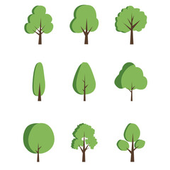 Set of flat stylized trees. Natural vector illustration. Side view. Vector illustration.