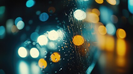 Urban night traffic bokeh with raindrops on glass creating a dreamy atmosphere in vibrant city lights