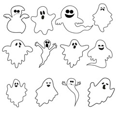 Halloween Ghost Silhouette Set, Ghost Collection, White Background, Vector Illustration, Doodle Style, Line Illustrations. Vector illustration.