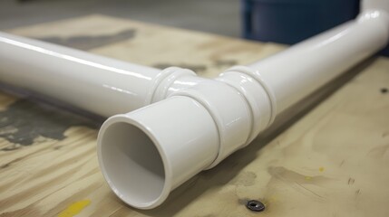 PVC pipe tee joint connection on a wooden surface showcasing plumbing fittings and assembly techniques in a workshop environment