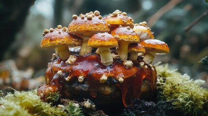 Mushrooms growing on fruit pudding showcasing dangerous and poisonous fungi in a forest setting highlighting food safety concerns
