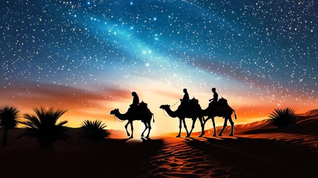 Caravan of camels crossing the desert at starry night. 