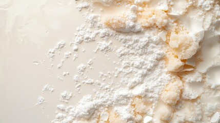 Sugar granules scattered on a soft white background creating a visually appealing culinary or product-based composition.