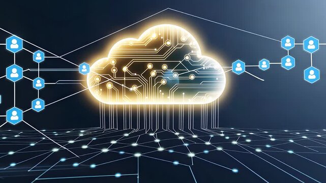 Glowing Cloud Computing Icon with Connected Network Nodes and Digital Data Flow on a Blue Background

