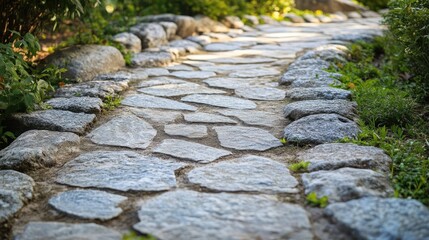 Fototapeta premium stone pathway with natural stones surrounded by greenery and minimal sunlight exposure in a tranquil garden setting