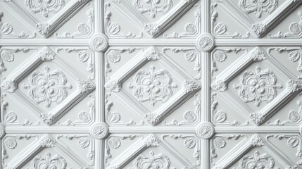 Intricate white ceiling tile texture featuring decorative embossed patterns arranged in a grid layout, ideal for interior design, architectural detail, background, texture.