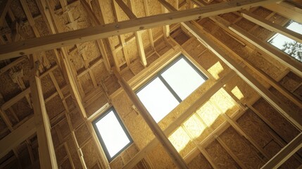 Obraz premium Wooden frame house interior showcasing plywood structure and window details under construction with natural light streaming through.