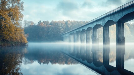 Obraz premium Serene Landscape with Modern Viaduct Reflected in Tranquil Water Under Misty Blue Sky