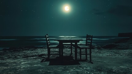 Serene wooden table and chairs by the ocean under a luminous moonlight sky at night