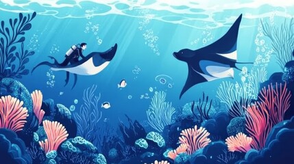 Fototapeta premium Scuba divers exploring coral reef with manta rays under the ocean, vibrant underwater aquatic scene with marine life