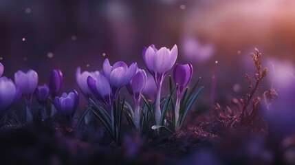 Purple crocus flowers blooming in springtime with soft sunlight creating a serene and vibrant...