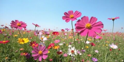 Fototapeta premium Vibrant cosmos flower fields stretching to the horizon under a clear blue sky, scenic