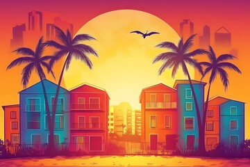 Obraz premium A vibrant sunset scene featuring colorful houses, palm trees, and a city skyline.